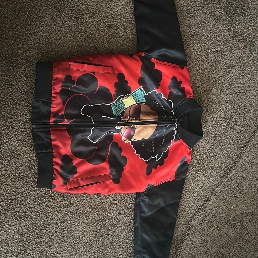 Customized African American character jacket. Size 6y. 2 pockets. Red/black